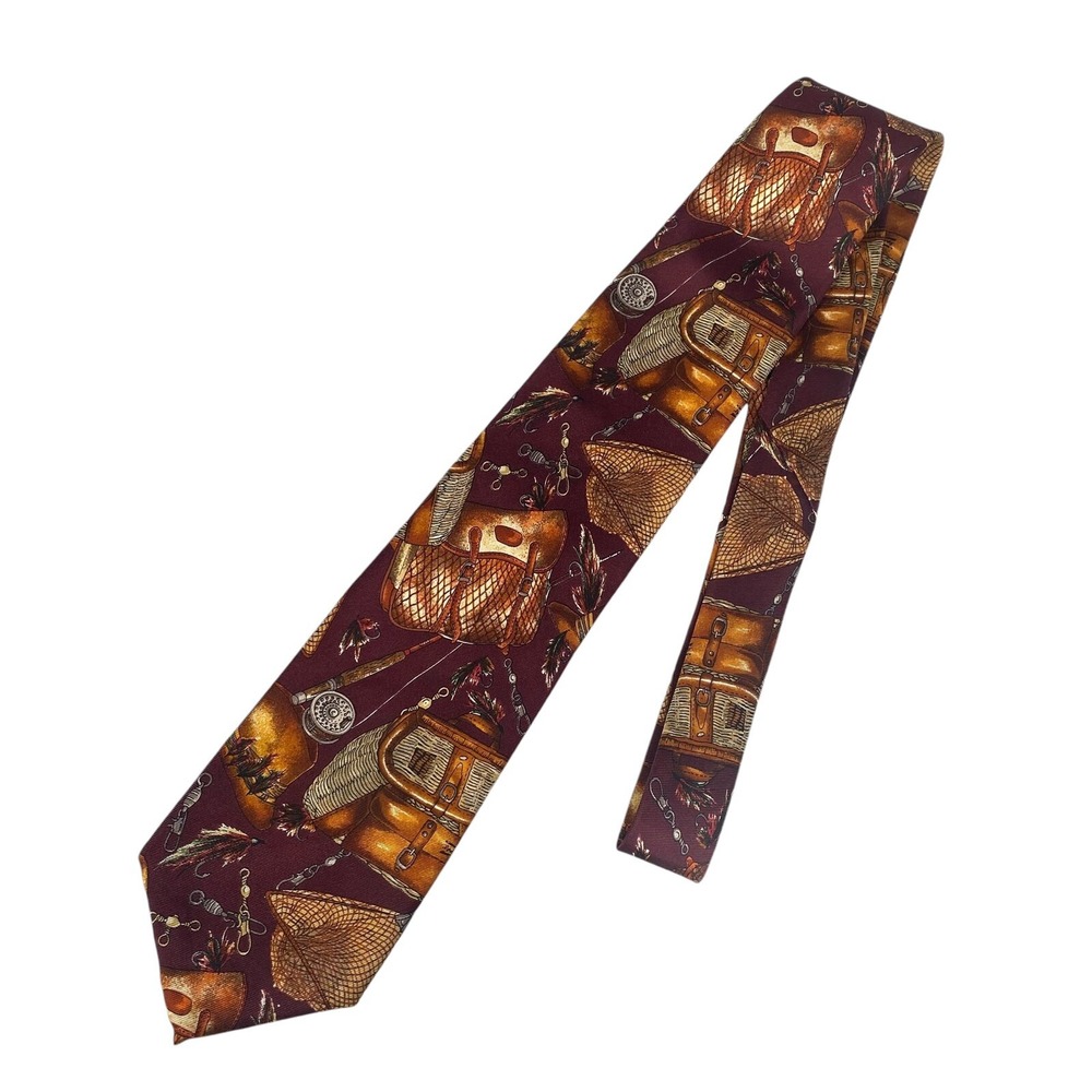 VTG Orvis Fly Fishing Neck Tie Burgundy Maroon Creel Rod Silk Made USA 59x3.5